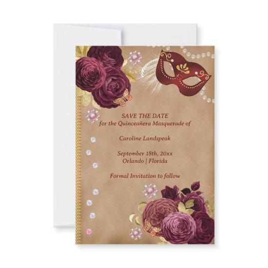 Quinceañera Red English Roses Gold Red Masquerade Save The Date
