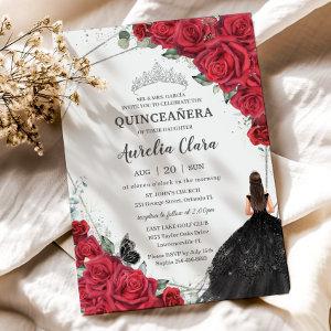 Quinceañera Red Floral Black Dress Silver Crown