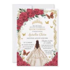 Quinceañera Red Floral Champagne Dress Princess
