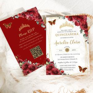 Quinceañera Red Floral Gold Butterflies QR RSVP