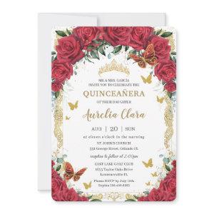 Quinceañera Red Floral Vintage Gold Butterflies