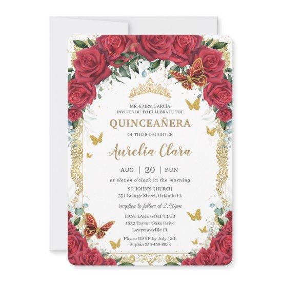 Quinceañera Red Floral Vintage Gold Butterflies