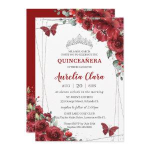 Quinceañera Red Flowers Floral Silver Butterfly