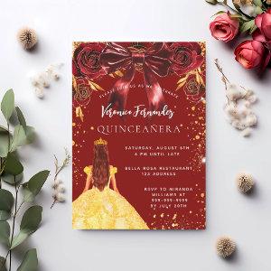 Quinceanera red gold dress bow florals