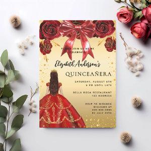 Quinceanera red gold dress bow florals