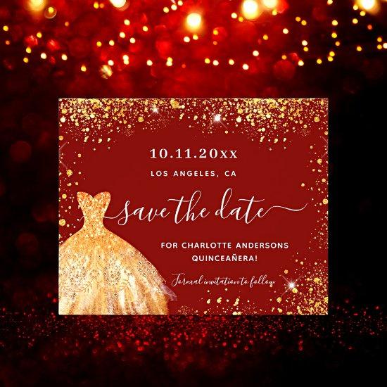Quinceanera red gold dress budget save the date flyer