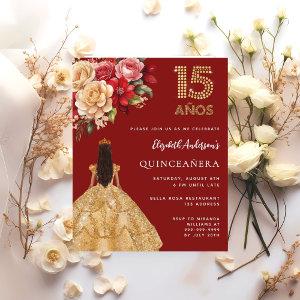 Quinceanera red gold dress floral roses