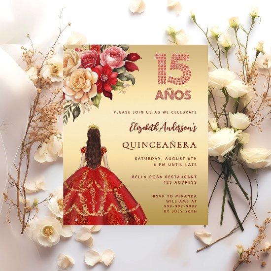 Quinceanera red gold dress florals