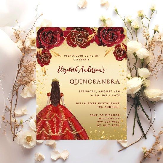 Quinceanera red gold dress florals