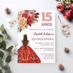 Quinceanera red gold dress florals roses white