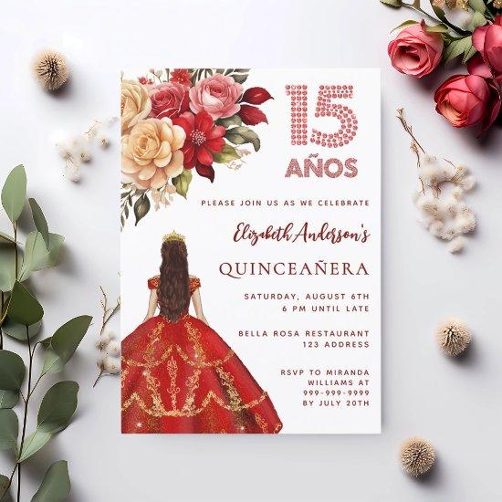 Quinceanera red gold dress florals roses white