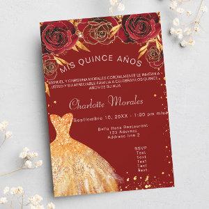 Quinceanera red gold dress flowers luxury