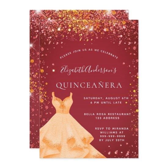 Quinceanera red gold dress glitter dust
