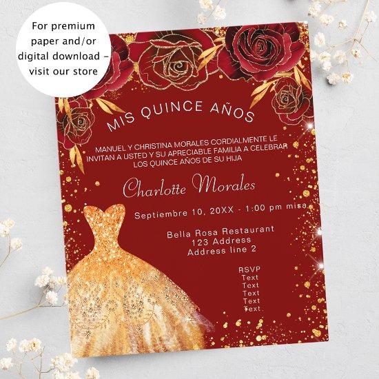 Quinceanera red gold dress roses budget