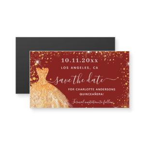 Quinceanera red gold dress save the date magnet
