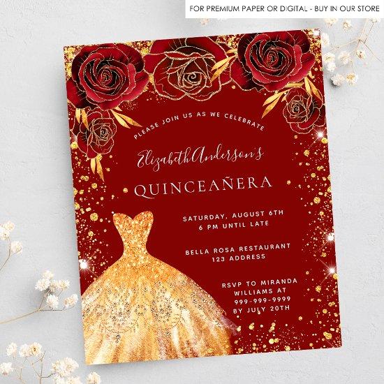 Quinceanera red gold dress social media
