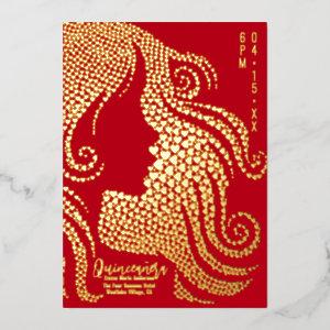 Quinceañera  Red Gold Girl Silhouette Gold Hearts Foil Holiday Card