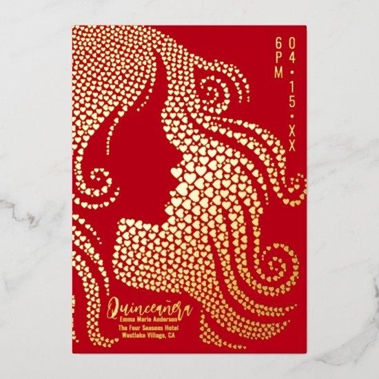 Quinceañera  Red Gold Girl Silhouette Gold Hearts Foil Holiday Card