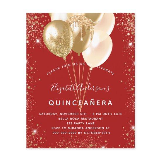 Quinceanera red gold glitter balloons budget flyer