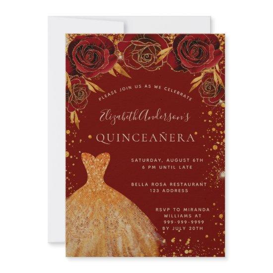 Quinceanera red gold glitter dress floral luxury