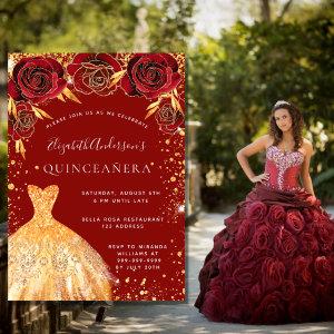 Quinceanera red gold glitter dress florals