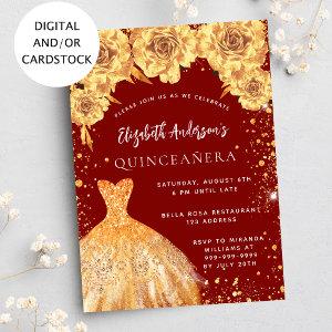 Quinceanera red gold glitter dress roses