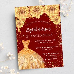 Quinceanera red gold glitter dress roses  postcard