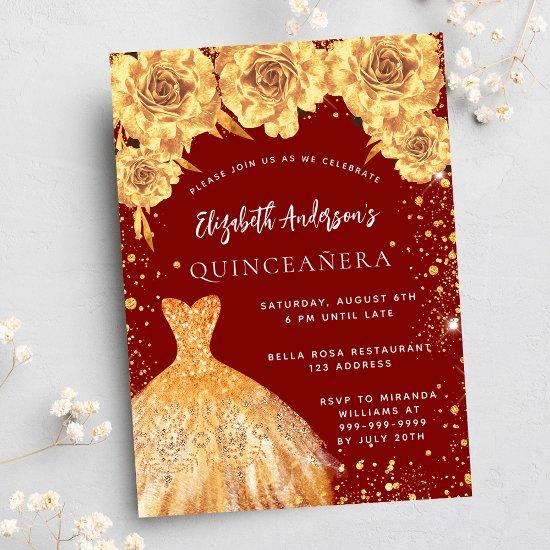 Quinceanera red gold glitter dress roses luxury