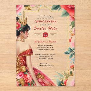 Quinceañera Red Gold Mis Quince Dress Flowers Acrylic