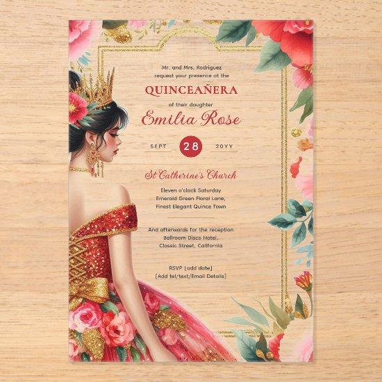 Quinceañera Red Gold Mis Quince Dress Flowers Acrylic