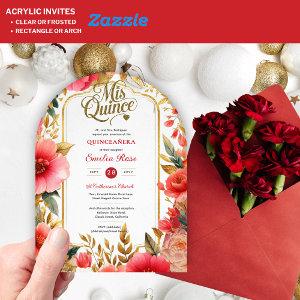 Quinceañera Red Gold Mis Quince Roses Flowers Acrylic