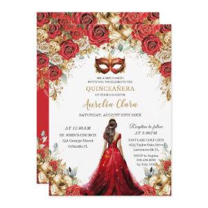 Quinceañera Red Gold Roses Floral Masquerade Ball