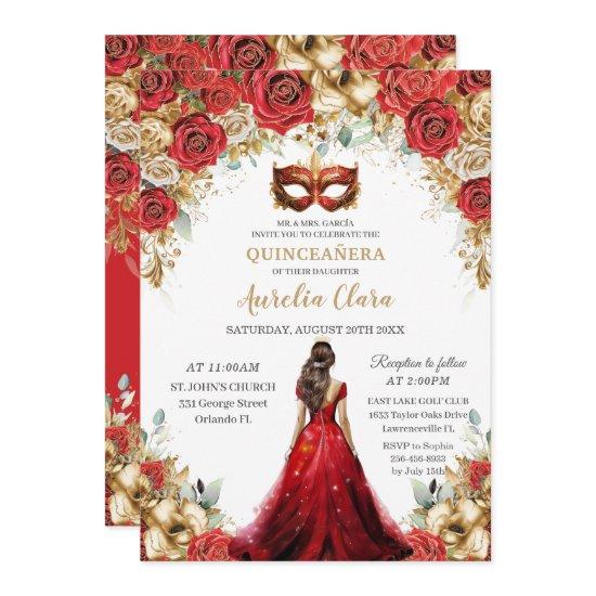 Quinceañera Red Gold Roses Floral Masquerade Ball