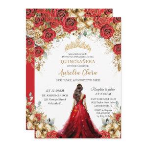 Quinceañera Red Gold Roses Floral Princess Dress