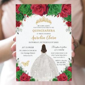 Quinceañera Red Green Floral Princess White Dress