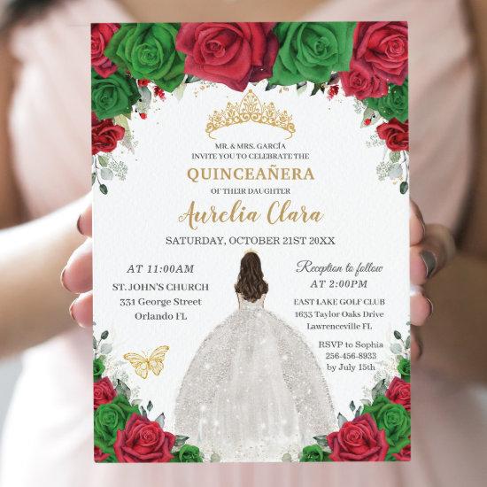 Quinceañera Red Green Floral Princess White Dress