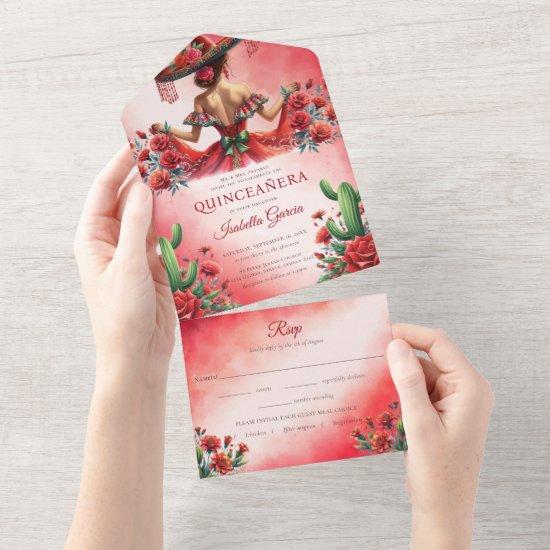 Quinceañera Red Green Mexican Style rsvp All In One