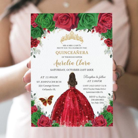 Quinceañera Red Green Roses Floral Princess Gold