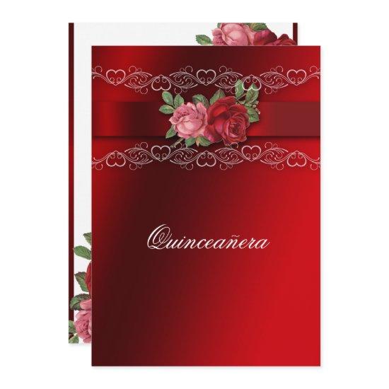 Quinceanera Red Pink Roses Red Satin