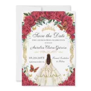 Quinceañera Red Rose Floral White Ivory Dress Gold Save The Date