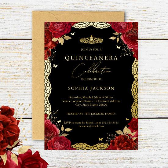 Quinceanera Red Rose Gold Lace Birthday  Foil