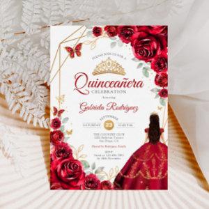 Quinceanera Red Roses Dress Gold