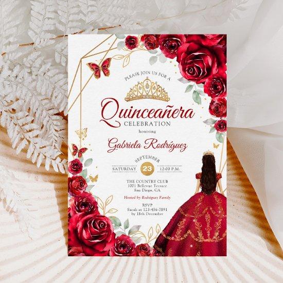 Quinceanera Red Roses Dress Gold