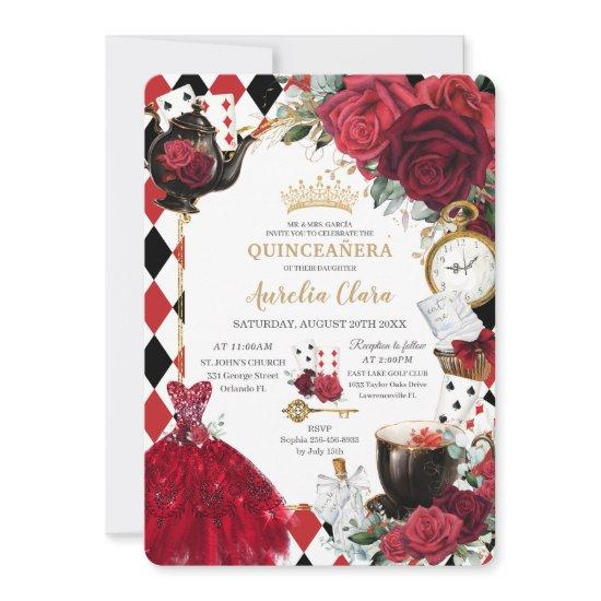 Quinceañera Red Roses Floral Alice in Wonderland
