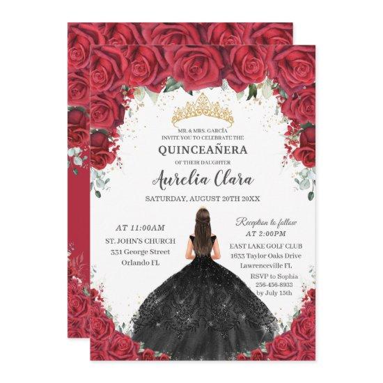 Quinceañera Red Roses Floral Black Dress Gold