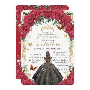 Quinceañera Red Roses Floral Black Dress Gown Gold