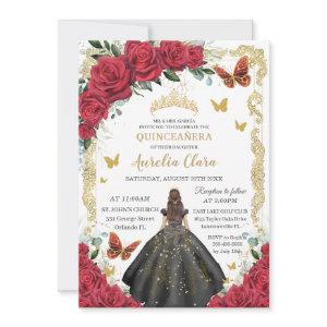Quinceañera Red Roses Floral Black Dress Princess