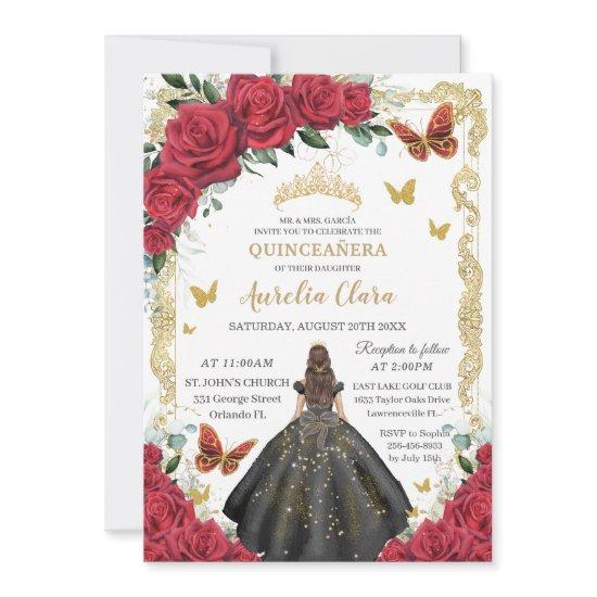 Quinceañera Red Roses Floral Black Dress Princess