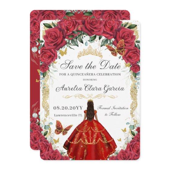 Quinceañera Red Roses Floral Dress Gold Butterfly Save The Date
