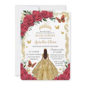 Quinceañera Red Roses Floral Gold Dress Princess